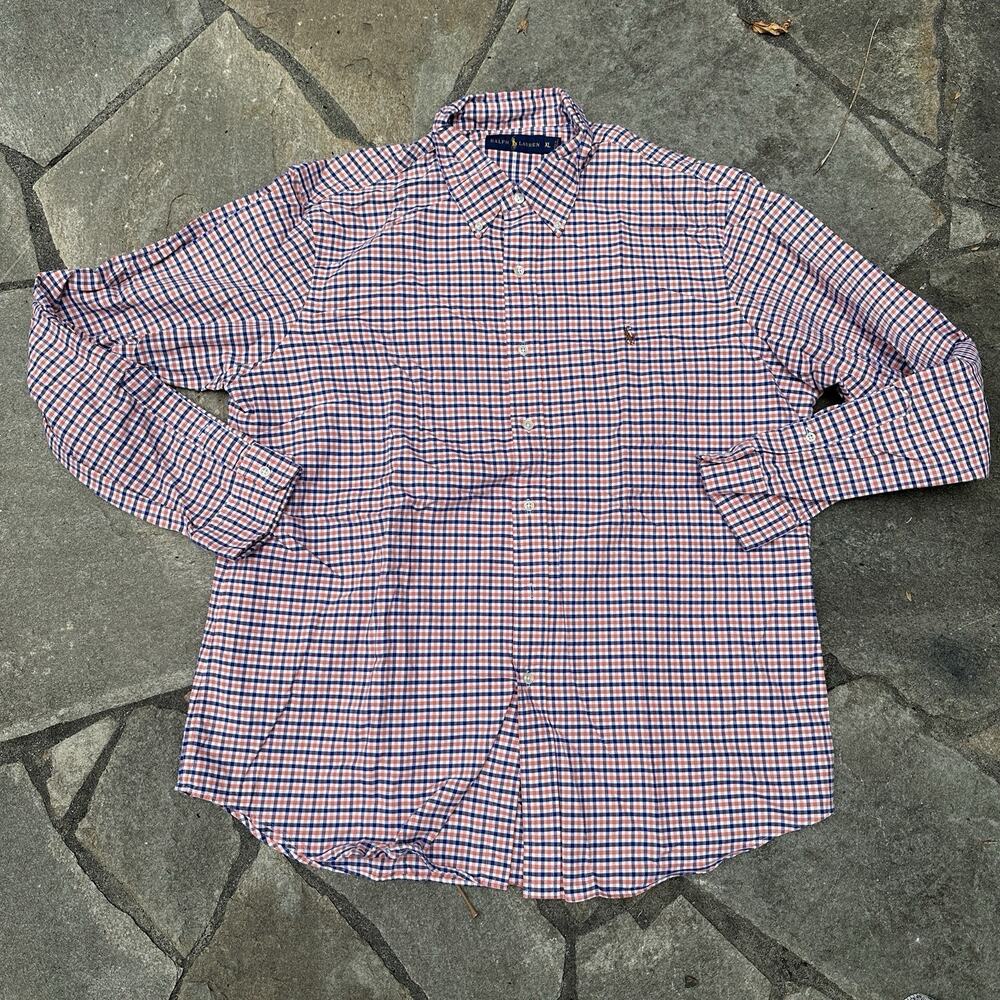 Ralph Lauren Shirt Mens XL Orange Blue Button Up Plaid Gingham Check Fall Pony